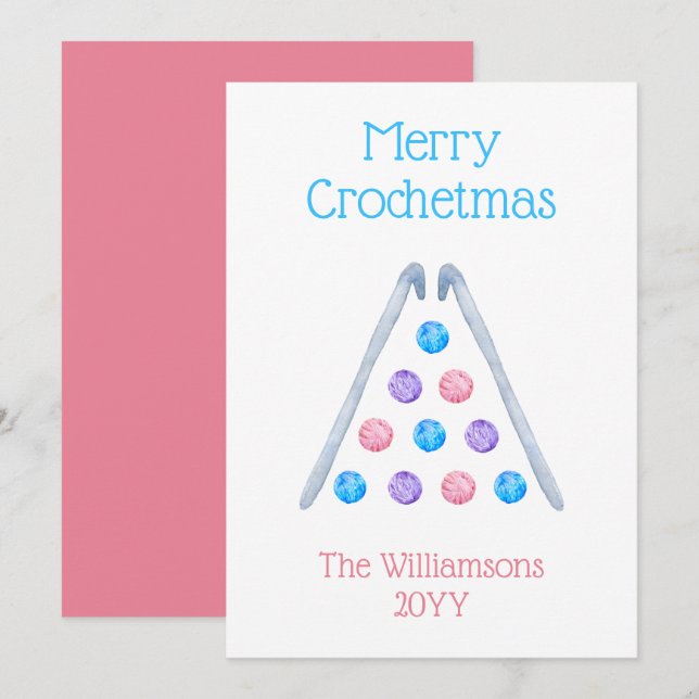 Cartes Pour Fêtes Annuelles Crochet Arbre de Noël Aquarelle Fil rose (Devant / Derrière)