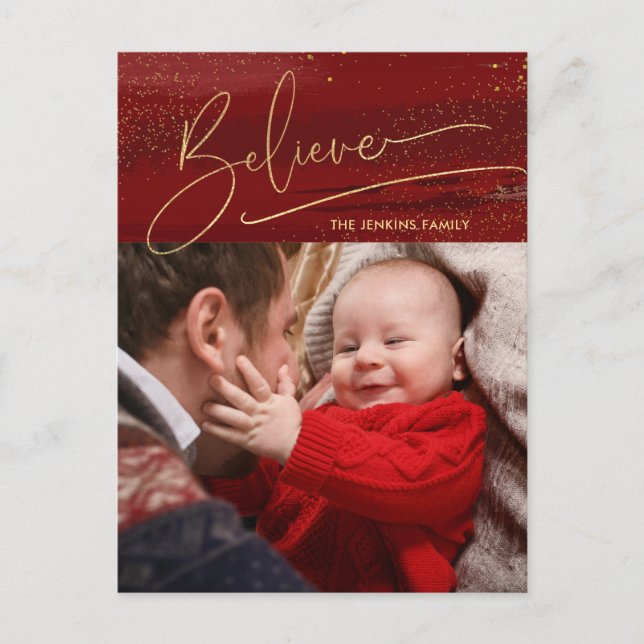Cartes Pour Fêtes Annuelles Croire en or Calligraphie, Sparkles Photo - Rouge  (Devant)