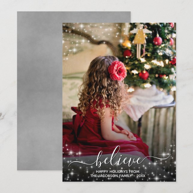 Cartes Pour Fêtes Annuelles Croire - Étoiles étincelantes Photo Gris Noël (Devant / Derrière)
