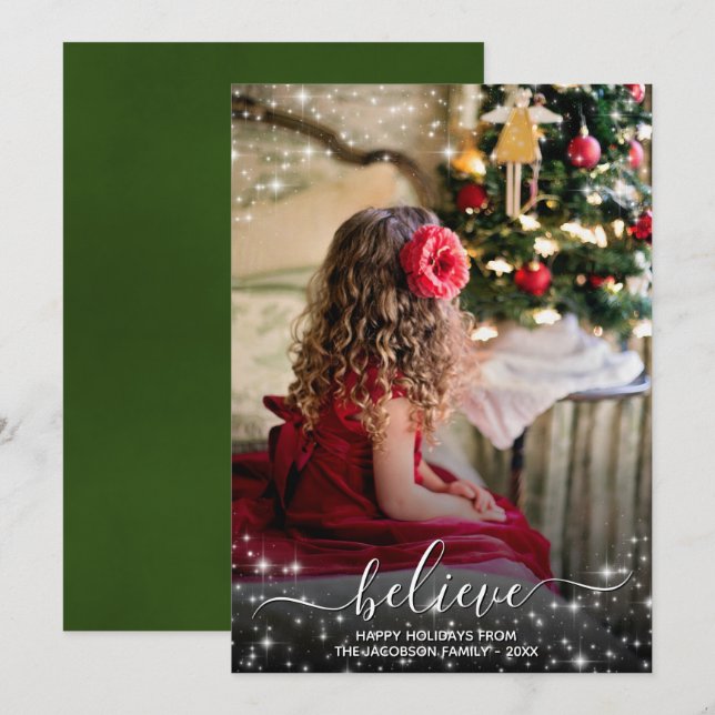 Cartes Pour Fêtes Annuelles Croire - Étoiles étincelantes Photo Vert Noël (Devant / Derrière)