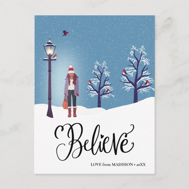 Cartes Pour Fêtes Annuelles CROIRE | Paysage Neige Avec Oiseau Cardinal D'Hive (Devant)