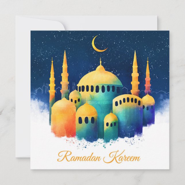 Cartes Pour Fêtes Annuelles Croissant de la mosquée d'aquarelle du Ramadan (Devant)