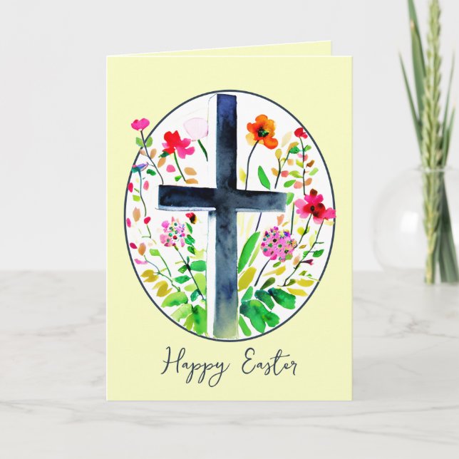 Cartes Pour Fêtes Annuelles Croix aquarelle et fleurs coutume ovale Pâques (Devant)