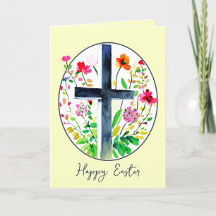 Cartes Pour Fêtes Annuelles Croix aquarelle et fleurs ovale Pâques personnalis