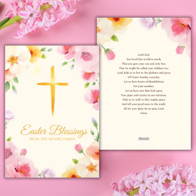 Cartes Pour Fêtes Annuelles Croix catholique à l'aquarelle Bénédictions de Pâq (Watercolor Catholic Cross Easter Blessings Prayer Holiday Card)