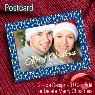 Cartes Pour Fêtes Annuelles Croix chrétienne Élégant Script Marine Bleu Noël