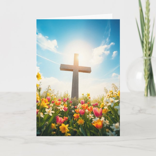 Cartes Pour Fêtes Annuelles Croix de Pâques entourée de fleurs (Devant)