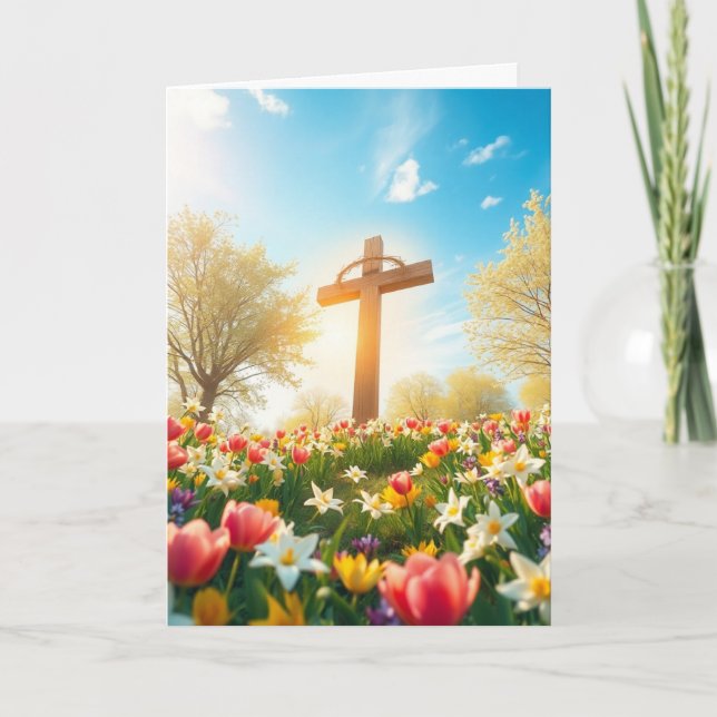 Cartes Pour Fêtes Annuelles Croix de Pâques et fleurs (Devant)