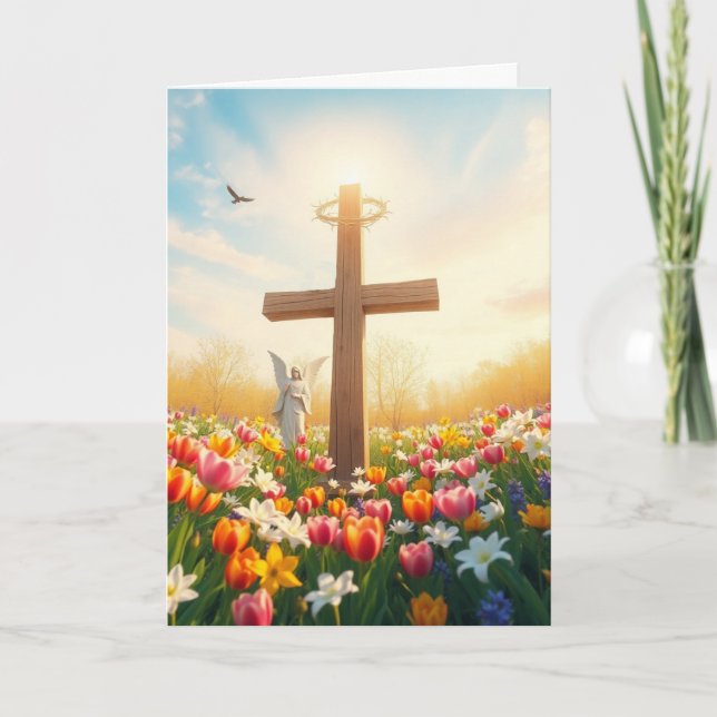 Cartes Pour Fêtes Annuelles Croix de Pâques et statue de l'Ange (Devant)
