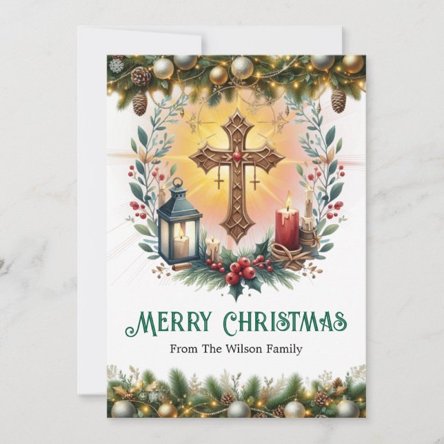 Cartes Pour Fêtes Annuelles Croix élégante avec lanterne et bougies Noël (Devant)