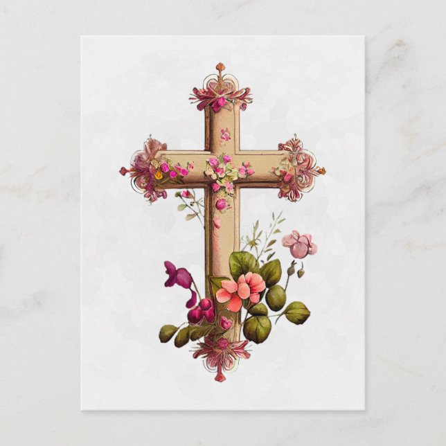 Cartes Pour Fêtes Annuelles Croix en bois élégante aux fleurs roses (Devant)