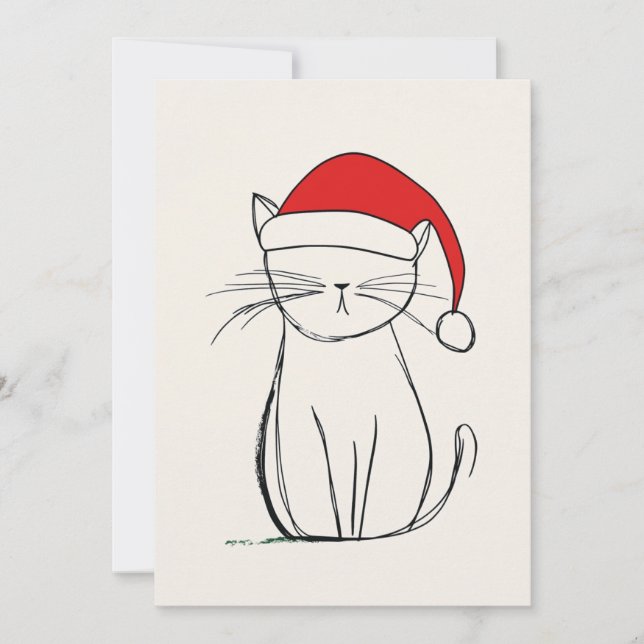 Cartes Pour Fêtes Annuelles "Croquis minimaliste Chat de Noël Santa Hat (Devant)