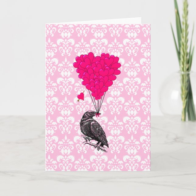 Cartes Pour Fêtes Annuelles Crow et coeur sur damas rose (Devant)