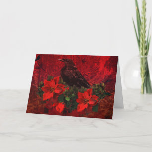 Cartes Pour Fêtes Annuelles Crow on Poinsettias and Holly Christmas Card