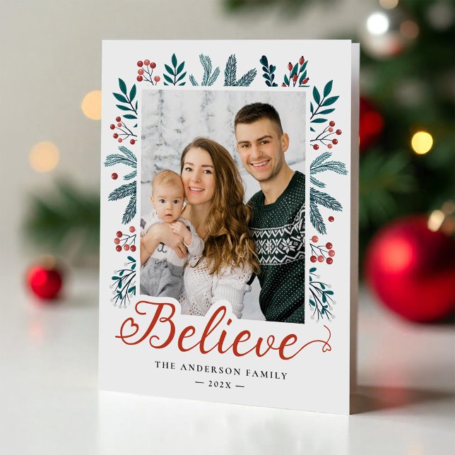 Cartes Pour Fêtes Annuelles Croyez en la photo de Noël Holly et Pine Berries (Créateur téléchargé)