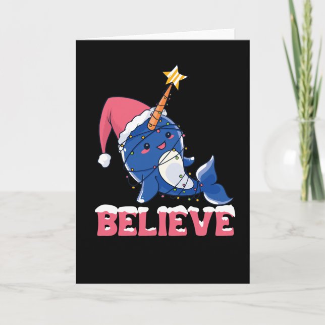 Cartes Pour Fêtes Annuelles Croyez Narwhal Noël Fée Lumières (Devant)
