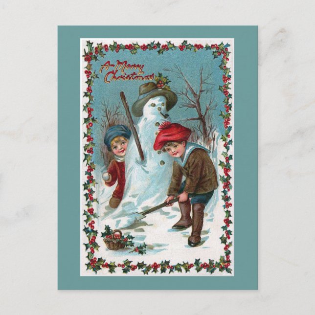 Cartes Pour Fêtes Annuelles Cru "construisant bonhomme de neige" (Devant)