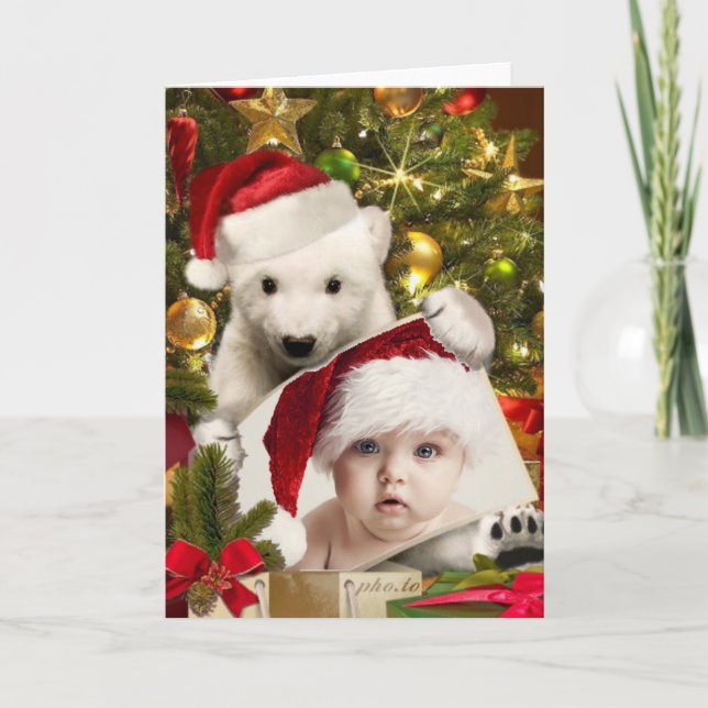 Cartes Pour Fêtes Annuelles Cube d'ours polaire tenant VOTRE photo pour Noël (Devant)