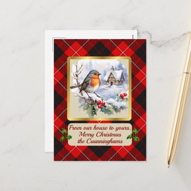 Cartes Pour Fêtes Annuelles Cunningham Tartan w/Robin Personalized   (Devant/Arrière en situation)