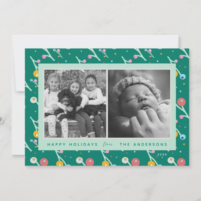 Cartes Pour Fêtes Annuelles Custom 2-Photo Happy Holidays Modern Berries Green (Devant)