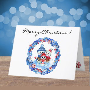 Cartes Pour Fêtes Annuelles Custom, aquarelle Snowman Famille Joyeux Noël
