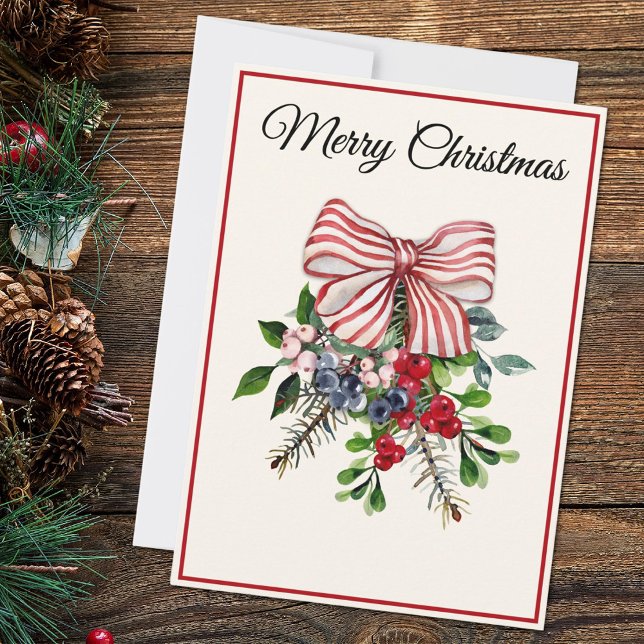 Cartes Pour Fêtes Annuelles Custom, Bow Berries & Foliage Flat Christmas Card (Créateur téléchargé)