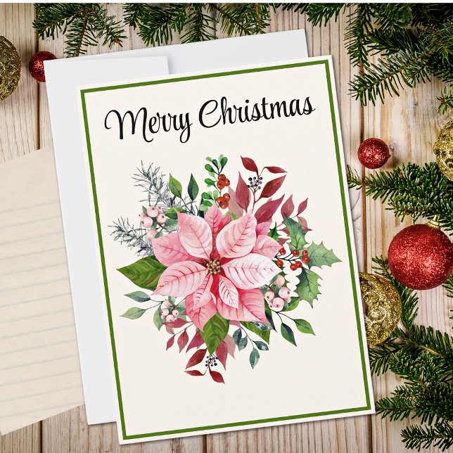 Cartes Pour Fêtes Annuelles Custom Elegant Pink Poinsettia Flat Christmas Card (Créateur téléchargé)