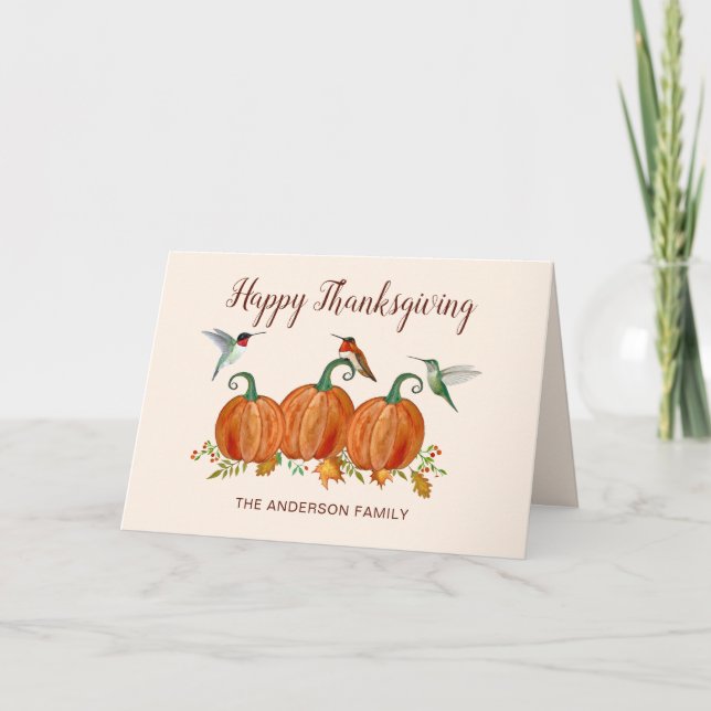 Cartes Pour Fêtes Annuelles Custom Hummingbirds and Pumpkin Thanksgiving (Devant)