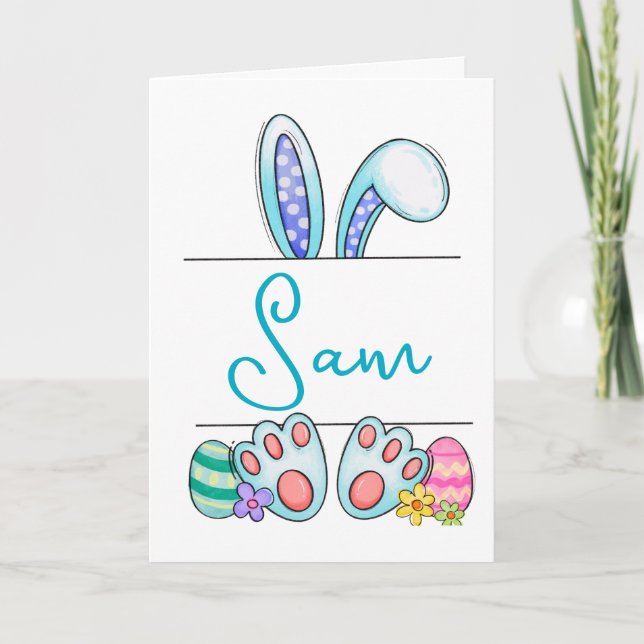 Cartes Pour Fêtes Annuelles Custom Name Blue Easter Bunny  (Devant)