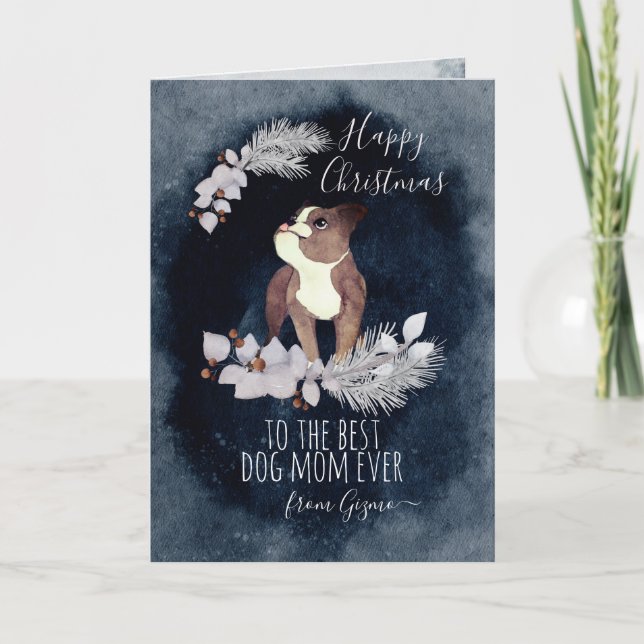 Cartes Pour Fêtes Annuelles Customisé Boston Terrier Maman Aquarelle Noël (Devant)