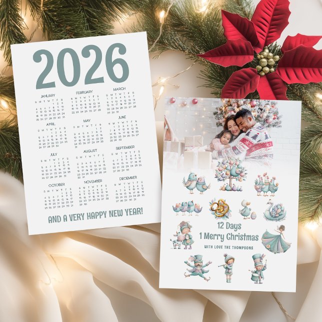Cartes Pour Fêtes Annuelles Cute 2026 Calendrier Photo 12 Jours de Noël (Front and back view)
