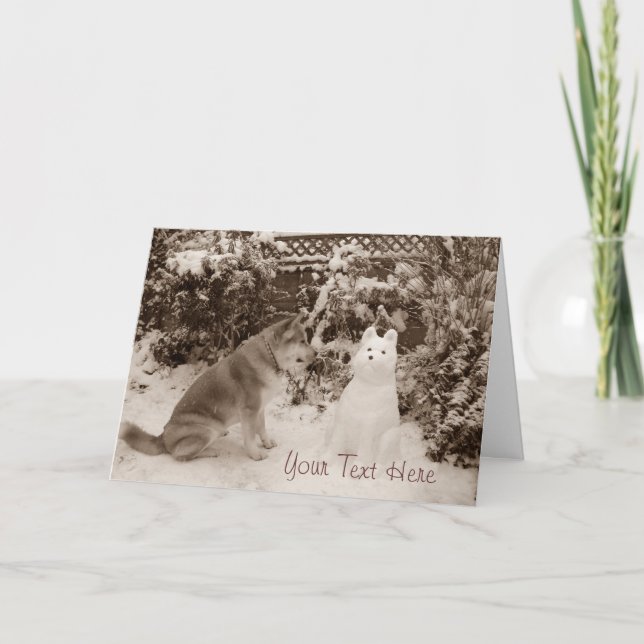 Cartes Pour Fêtes Annuelles cute akita sitting with snowman snow dog christmas (Devant)