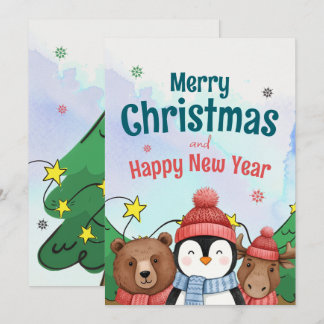 Cartes Pour Fêtes Annuelles Cute Animal Watercolor Christmas Blue color