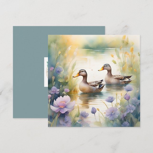 Cartes Pour Fêtes Annuelles Cute Aquarelle Canard N Fleur sauvage Blanc (Devant / Derrière)