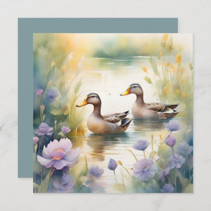 Cartes Pour Fêtes Annuelles Cute Aquarelle Canard N Fleur sauvage Blanc