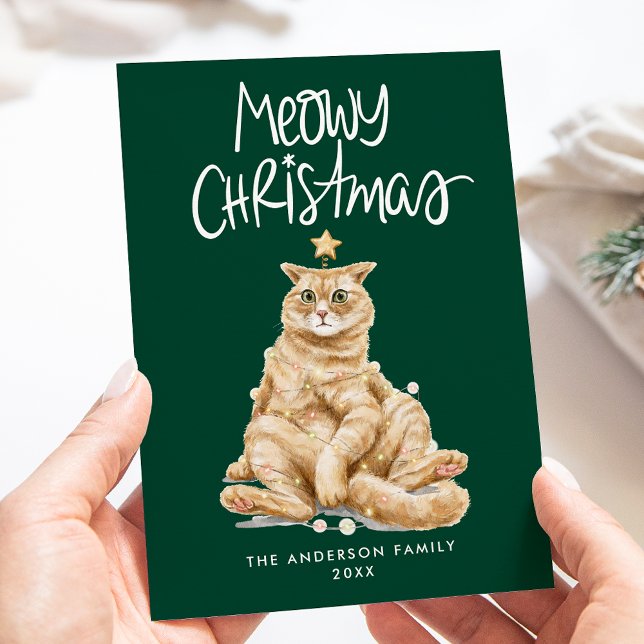Cartes Pour Fêtes Annuelles Cute Aquarelle Chat Meowy Noël Sans Photo (Créateur téléchargé)