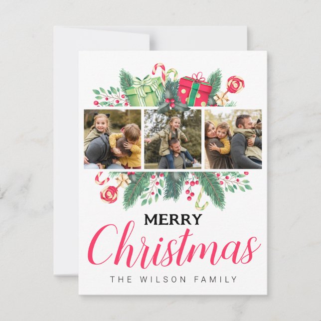 Cartes Pour Fêtes Annuelles Cute Aquarelle Feuilles Joyeux Noël Pics famille (Devant)