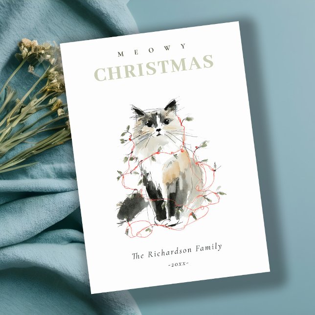 Cartes Pour Fêtes Annuelles Cute Aquarelle Moderne Meowy Feux de Noël Chat (Créateur téléchargé)