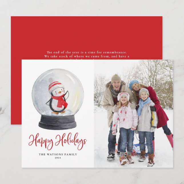 Cartes Pour Fêtes Annuelles Cute aquarelle Pingouin Globe des neiges (Devant / Derrière)