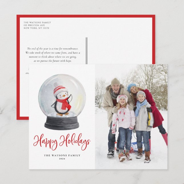 Cartes Pour Fêtes Annuelles Cute aquarelle Pingouin Globe des neiges (Devant / Derrière)