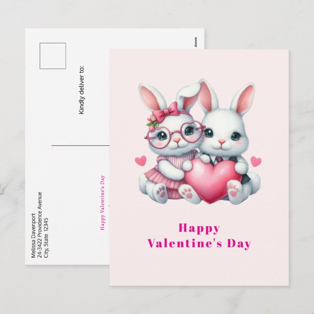 Cartes Pour Fêtes Annuelles Cute Bunnies Sharing a Heart Valentine's Day (Devant / Derrière)