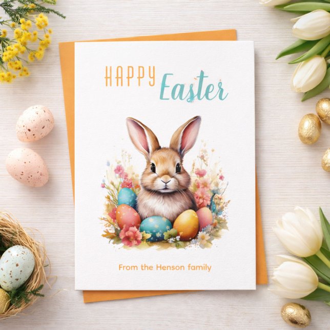 Cartes Pour Fêtes Annuelles Cute Bunny Colorful Eggs Flowers Happy Easter (Créateur téléchargé)