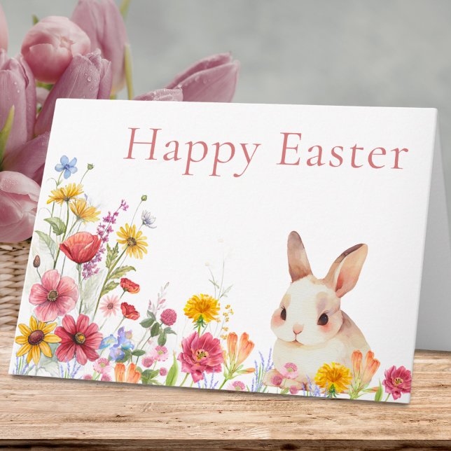 Cartes Pour Fêtes Annuelles Cute Bunny & Wildflowers Happy Easter Card (Créateur téléchargé)