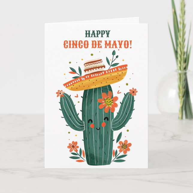 Cartes Pour Fêtes Annuelles Cute Cactus avec Casquette mexicain Happy Cinco de (Devant)
