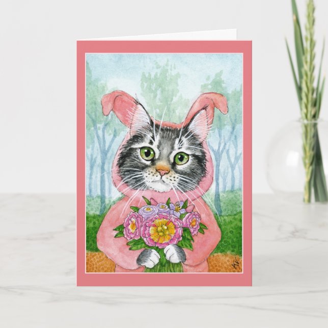 Cartes Pour Fêtes Annuelles Cute Chat aux fleurs en costume de lapin (Devant)