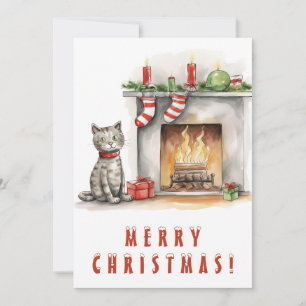 Cartes Pour Fêtes Annuelles Cute Chat près de la cheminée Joyeux Noël