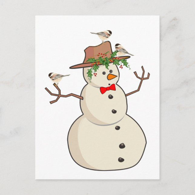 Cartes Pour Fêtes Annuelles Cute Chickadee et Snowman, Oiseaux d'hiver (Devant)