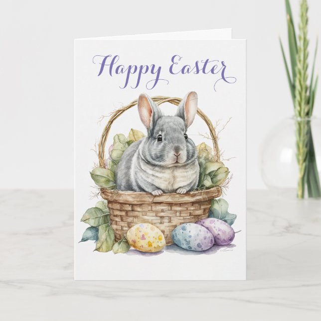 Cartes Pour Fêtes Annuelles Cute Chinchilla dans un panier Pâques (Devant)