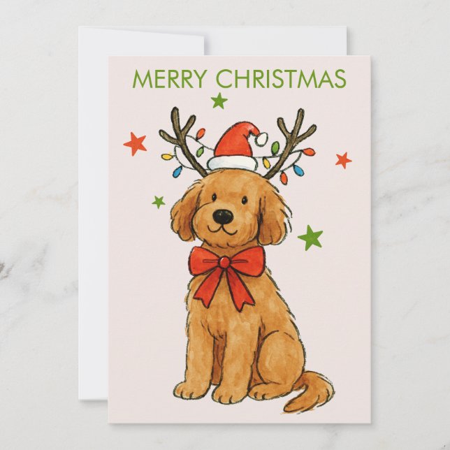 Cartes Pour Fêtes Annuelles Cute Christmas Dog with Santa Hat & Lights  (Devant)