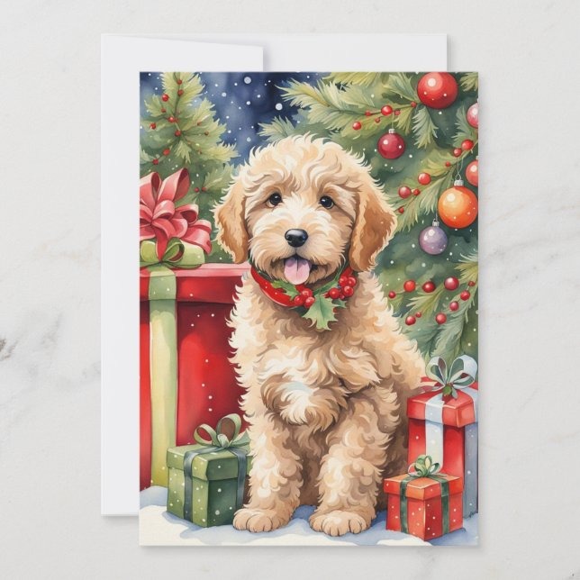 Cartes Pour Fêtes Annuelles Cute Christmas Labradoodle Puppy with Gifts (Devant)